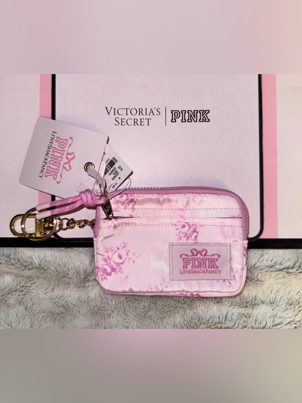 VS PINK X LOVESHACKFANCY ZIP CARDCASE WALLET KEYCHAIN BEAUX ICONS FLORAL NWT HTF